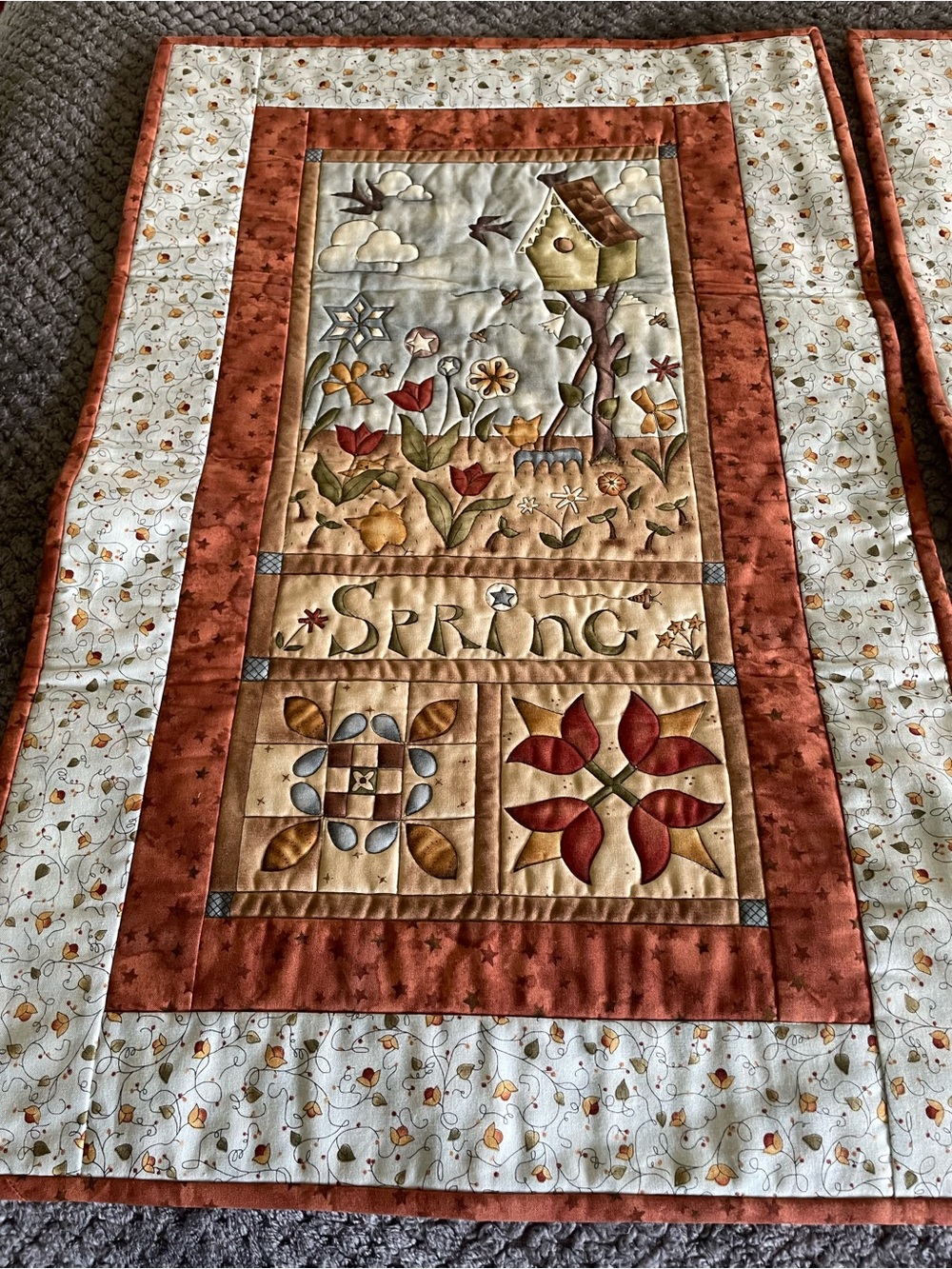 4 seasons Appliqué Quilted Table Runner - Rust and Cream